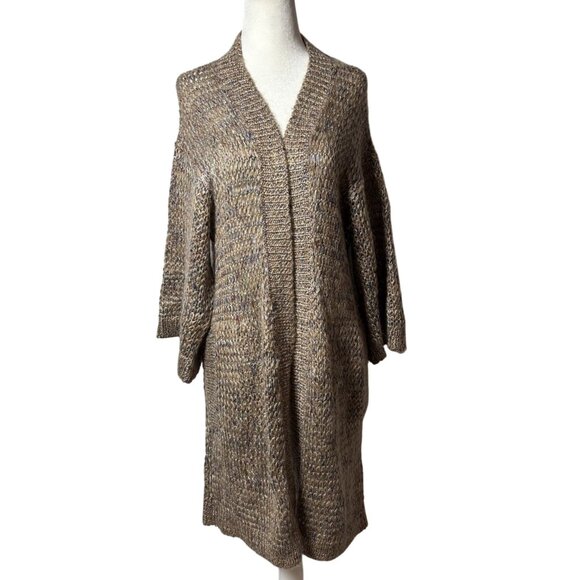 Wool Blend Chunky Knit Open Cardigan Sweater Brown Long Womens M soft cozy - Picture 4 of 10